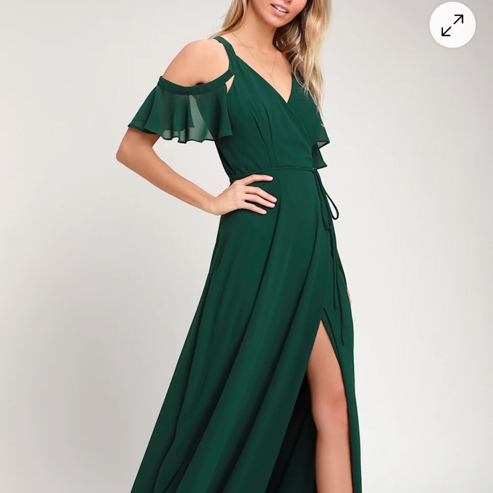 Lulus Easy  Listening Forest Green Cold-Shoulder Wrap Maxi Dress - Picture 3 of 12